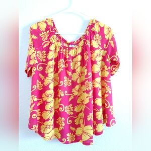Cute Hula Mama Maternity Shirt Off Shoulder Hawaiian Floral Pink Yellow Small